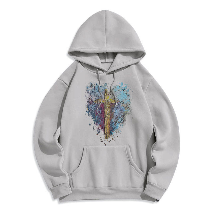 Christianartworkshop Farbiger Stil Strahlendes Kreuz der Hoffnung Fleecegefütterter Polyester-Kapuzenpullover
