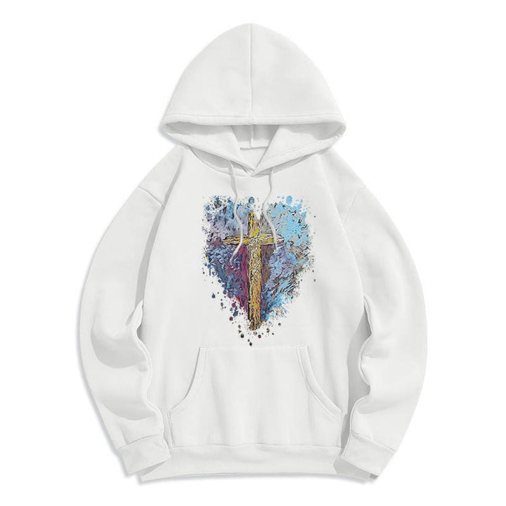 Christianartworkshop Farbiger Stil Strahlendes Kreuz der Hoffnung Fleecegefütterter Polyester-Kapuzenpullover