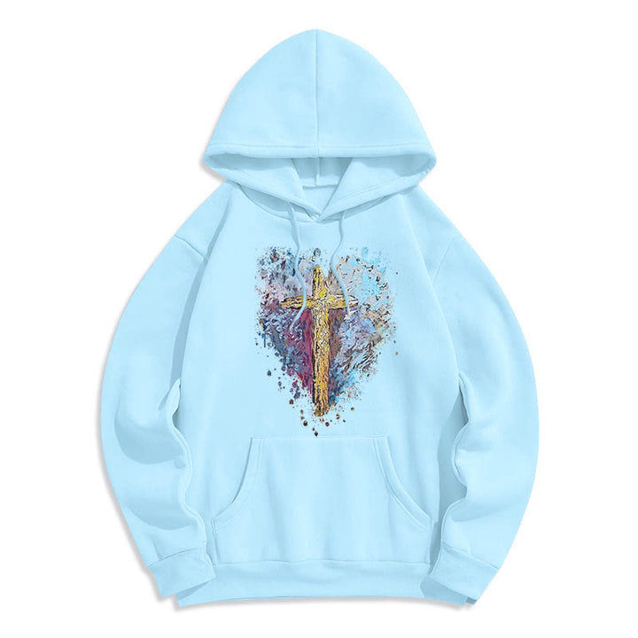 Christianartworkshop Farbiger Stil Strahlendes Kreuz der Hoffnung Fleecegefütterter Polyester-Kapuzenpullover