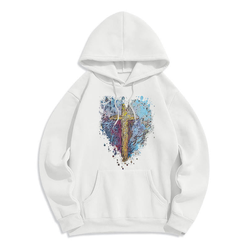 Christianartworkshop Farbiger Stil Strahlendes Kreuz der Hoffnung Fleecegefütterter Polyester-Kapuzenpullover - Weiß - 2XL - image 8