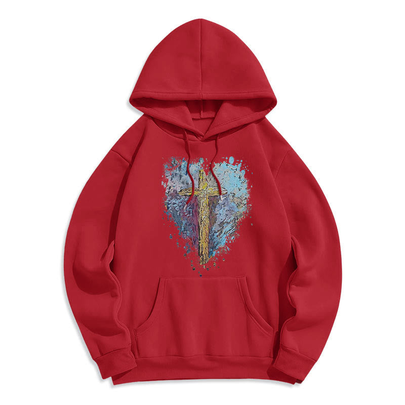Christianartworkshop Farbiger Stil Strahlendes Kreuz der Hoffnung Fleecegefütterter Polyester-Kapuzenpullover - Rot - 2XL - image 18