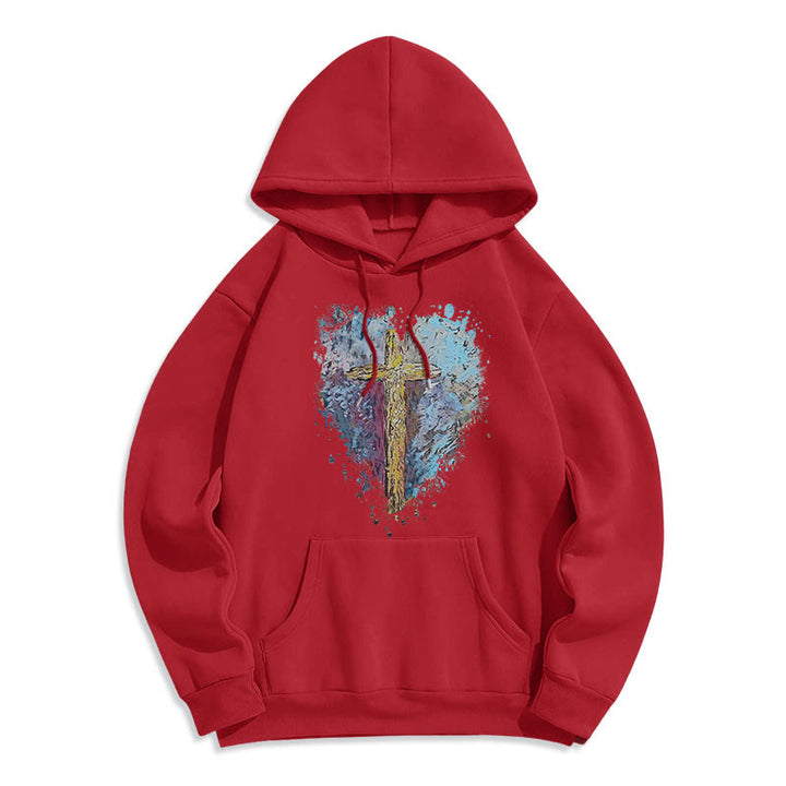 Christianartworkshop Farbiger Stil Strahlendes Kreuz der Hoffnung Fleecegefütterter Polyester-Kapuzenpullover - Rot - 2XL - image 18