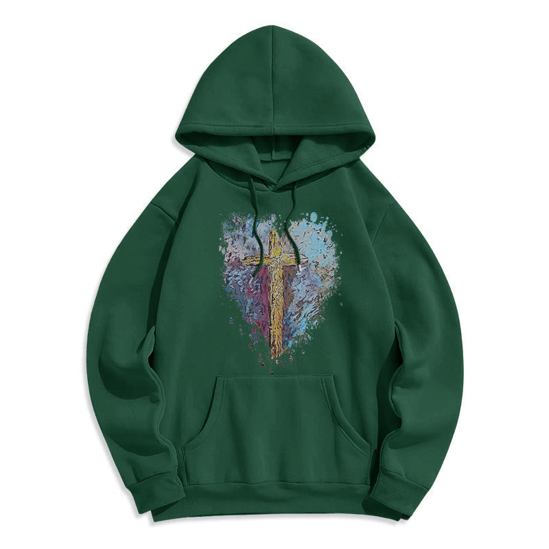 Christianartworkshop Farbiger Stil Strahlendes Kreuz der Hoffnung Fleecegefütterter Polyester-Kapuzenpullover