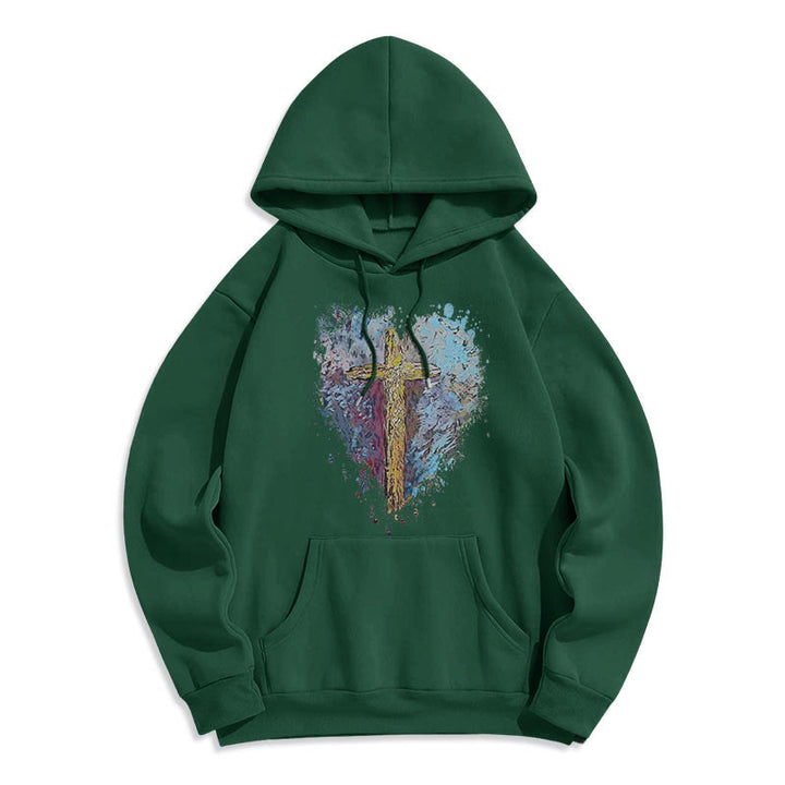 Christianartworkshop Farbiger Stil Strahlendes Kreuz der Hoffnung Fleecegefütterter Polyester-Kapuzenpullover