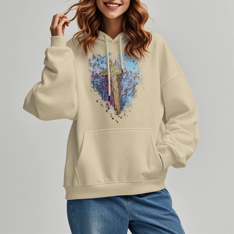 Christianartworkshop Farbiger Stil Strahlendes Kreuz der Hoffnung Fleecegefütterter Polyester-Kapuzenpullover