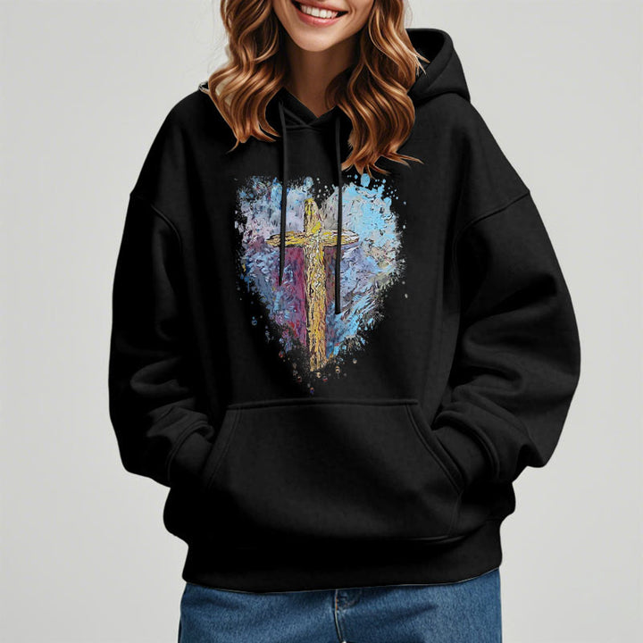 Christianartworkshop Farbiger Stil Strahlendes Kreuz der Hoffnung Fleecegefütterter Polyester-Kapuzenpullover