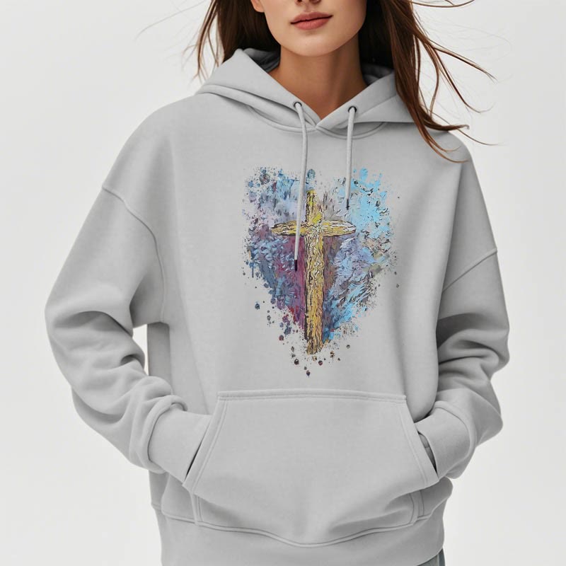 Christianartworkshop Farbiger Stil Strahlendes Kreuz der Hoffnung Fleecegefütterter Polyester-Kapuzenpullover