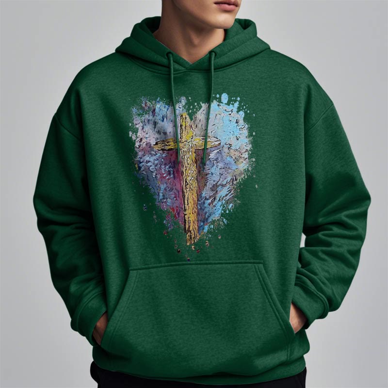 Christianartworkshop Farbiger Stil Strahlendes Kreuz der Hoffnung Fleecegefütterter Polyester-Kapuzenpullover