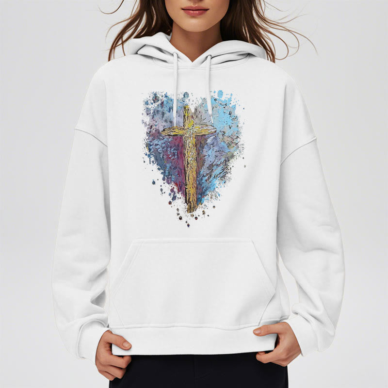 Christianartworkshop Farbiger Stil Strahlendes Kreuz der Hoffnung Fleecegefütterter Polyester-Kapuzenpullover