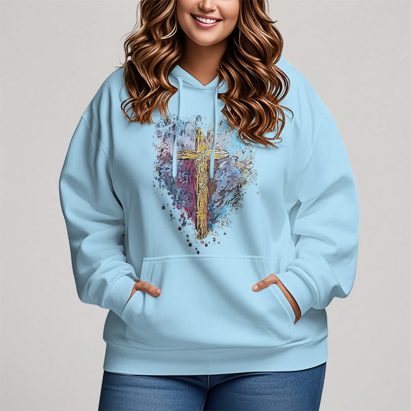 Christianartworkshop Farbiger Stil Strahlendes Kreuz der Hoffnung Fleecegefütterter Polyester-Kapuzenpullover
