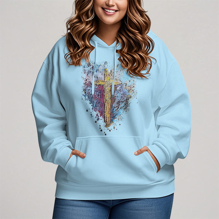 Christianartworkshop Farbiger Stil Strahlendes Kreuz der Hoffnung Fleecegefütterter Polyester-Kapuzenpullover