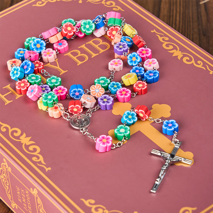 Christianartworkshop St. Benedikt-Medaille und Kruzifix mit 8 mm Blume, mehrfarbig, Polymer-Ton-Legierung, Ketten-Rosenkranz