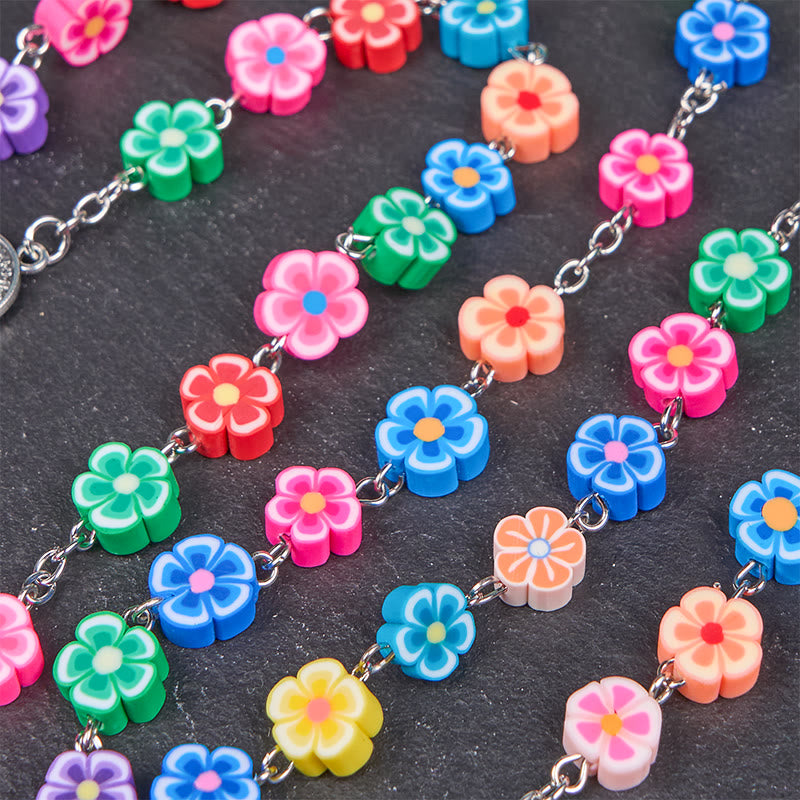Christianartworkshop St. Benedikt-Medaille und Kruzifix mit 8 mm Blume, mehrfarbig, Polymer-Ton-Legierung, Ketten-Rosenkranz