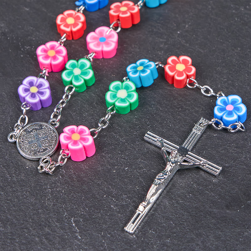 Christianartworkshop St. Benedikt-Medaille und Kruzifix mit 8 mm Blume, mehrfarbig, Polymer-Ton-Legierung, Ketten-Rosenkranz