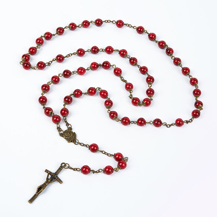 Christianartworkshop Rosenkranz mit Rose und Kruzifix, rund, 8 mm, rot, Naturstein, Legierung, Kette