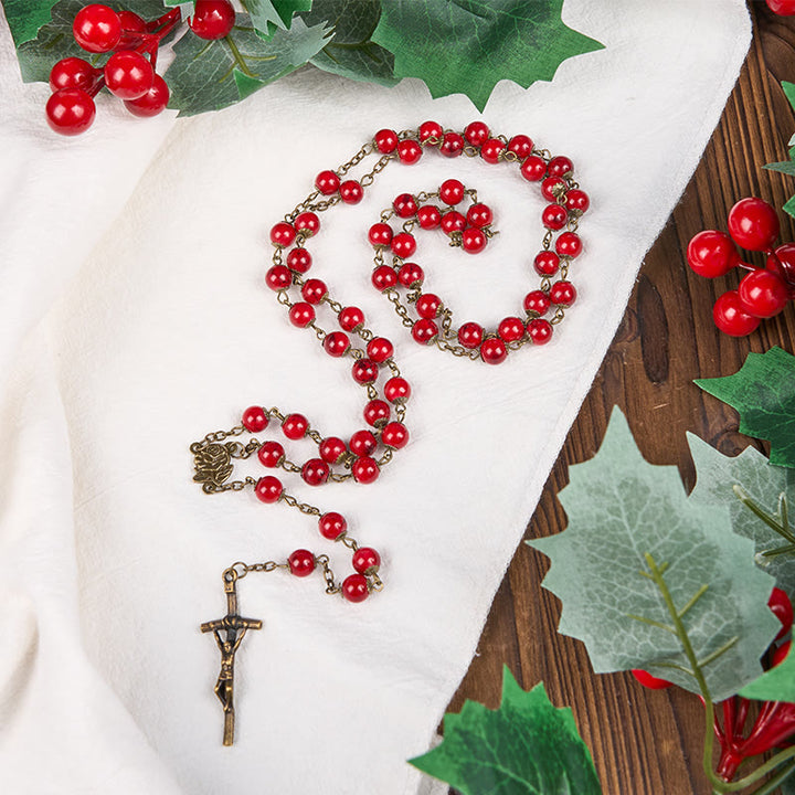 Christianartworkshop Rosenkranz mit Rose und Kruzifix, rund, 8 mm, rot, Naturstein, Legierung, Kette