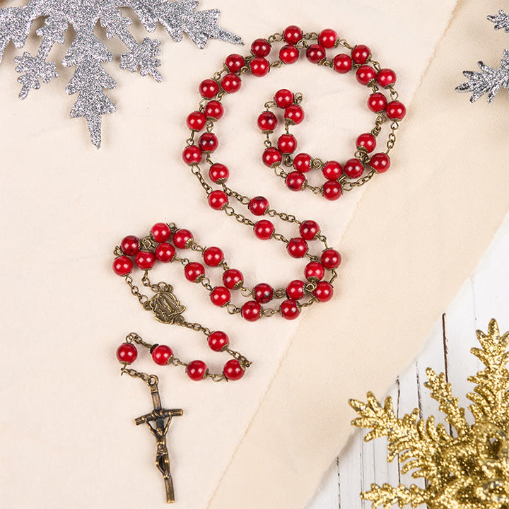 Christianartworkshop Rosenkranz mit Rose und Kruzifix, rund, 8 mm, rot, Naturstein, Legierung, Kette