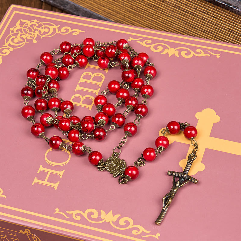 Christianartworkshop Rosenkranz mit Rose und Kruzifix, rund, 8 mm, rot, Naturstein, Legierung, Kette