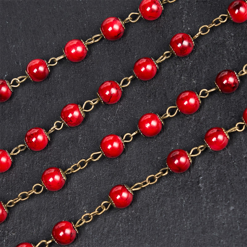 Christianartworkshop Rosenkranz mit Rose und Kruzifix, rund, 8 mm, rot, Naturstein, Legierung, Kette