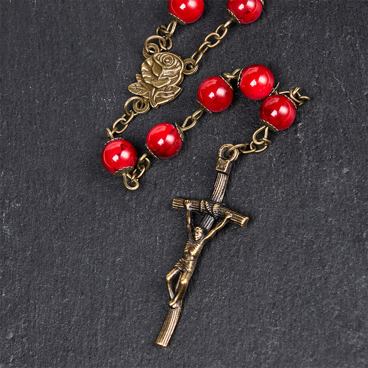 Christianartworkshop Rosenkranz mit Rose und Kruzifix, rund, 8 mm, rot, Naturstein, Legierung, Kette