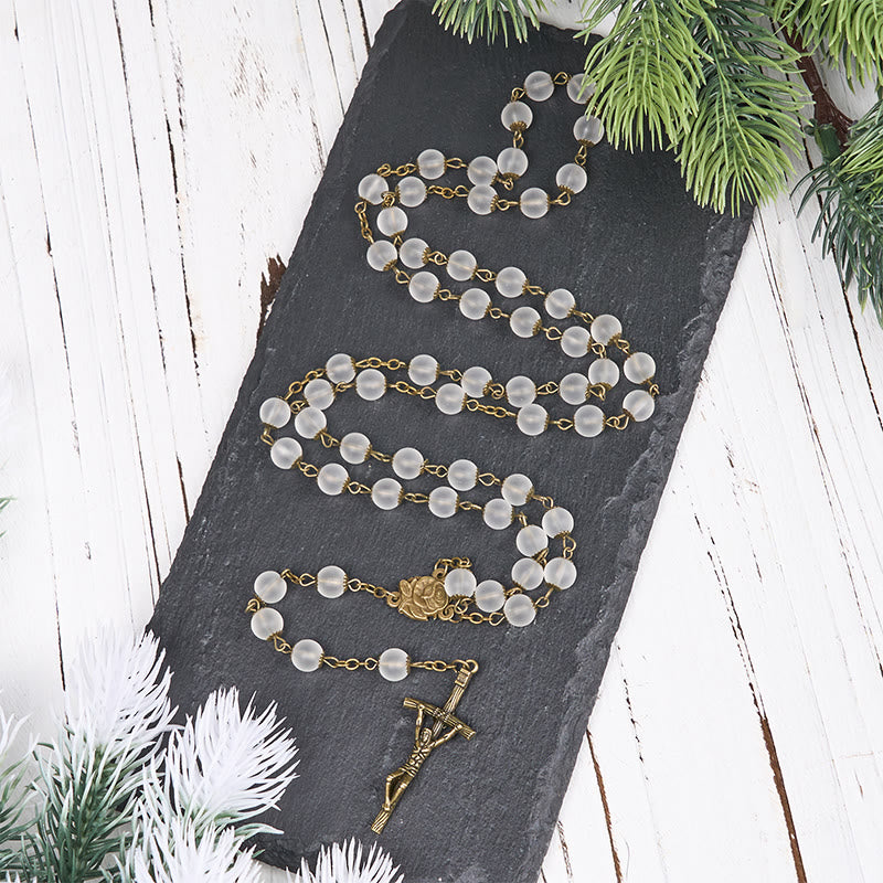 Christianartworkshop Rosenkranz mit Rose und Kruzifix, rund, 8 mm, klare Glaslegierung