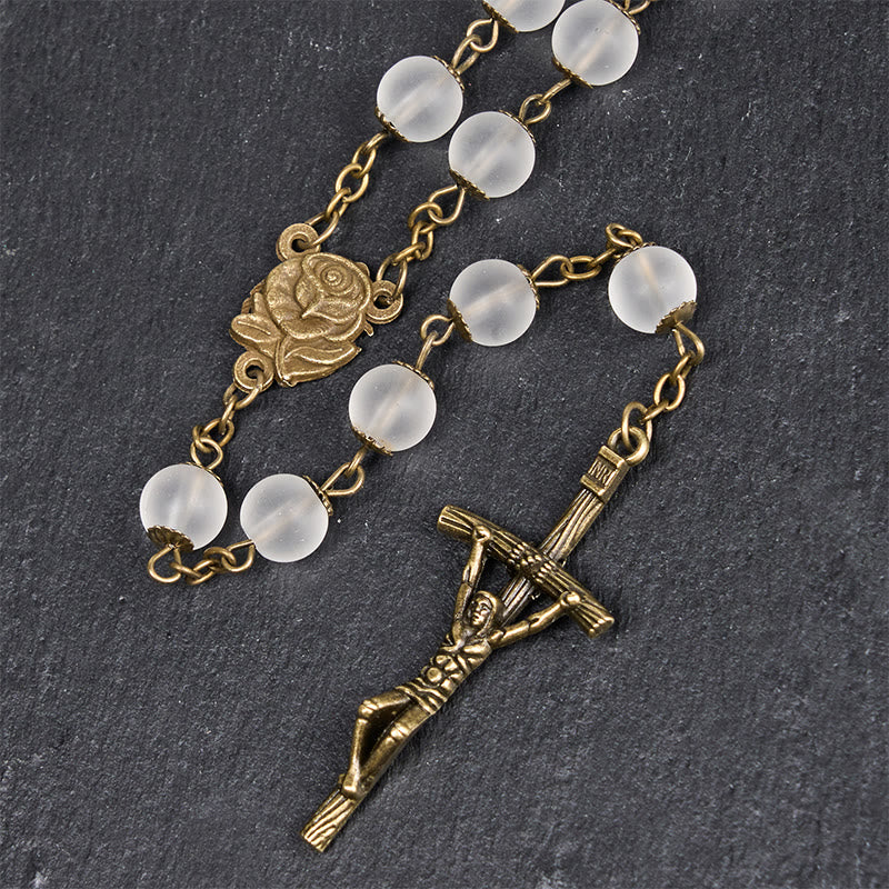 Christianartworkshop Rosenkranz mit Rose und Kruzifix, rund, 8 mm, klare Glaslegierung