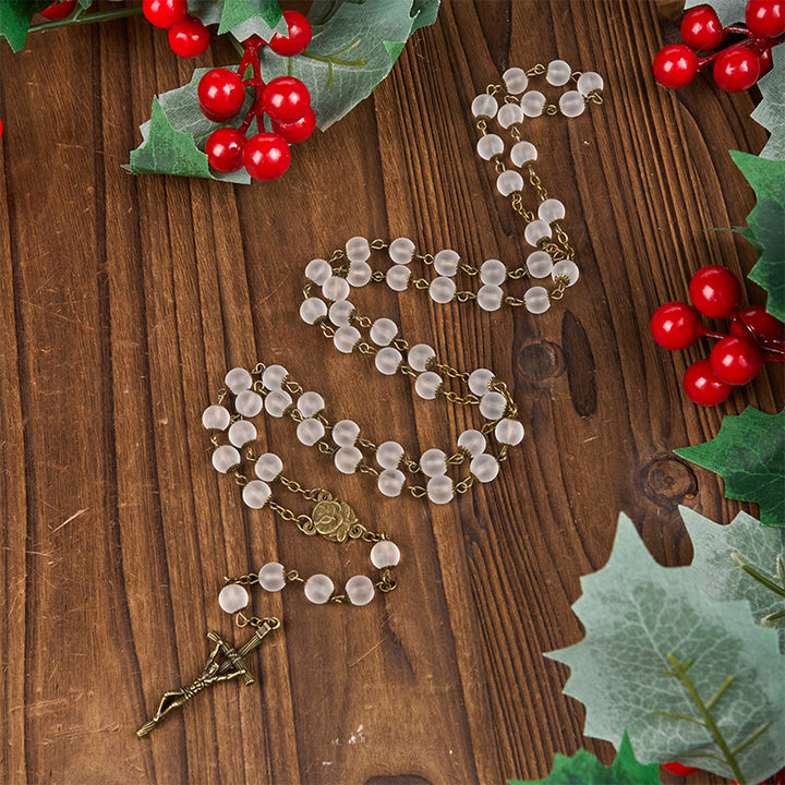 Christianartworkshop Rosenkranz mit Rose und Kruzifix, rund, 8 mm, klare Glaslegierung