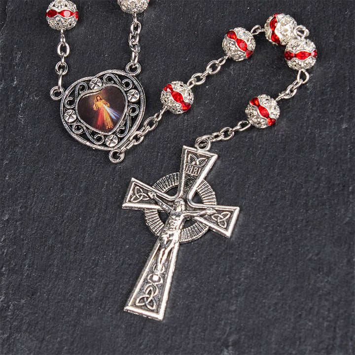 Christianartworkshop Rosenkranz mit Göttlicher Barmherzigkeit und Kruzifix, 8 mm rund, rote Metalllegierung