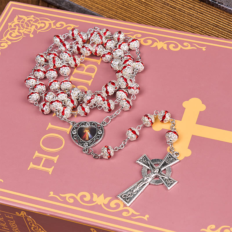 Christianartworkshop Rosenkranz mit Göttlicher Barmherzigkeit und Kruzifix, 8 mm rund, rote Metalllegierung