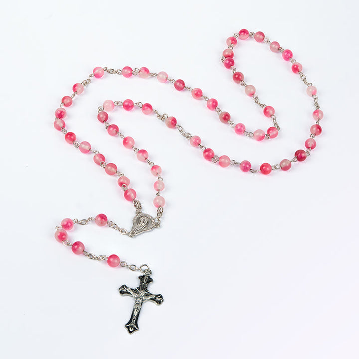 Christianartworkshop Rosenkranzkette Jungfrau Maria & Kruzifix aus 8 mm runder rosa Achatlegierung