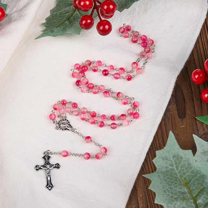 Christianartworkshop Rosenkranzkette Jungfrau Maria & Kruzifix aus 8 mm runder rosa Achatlegierung
