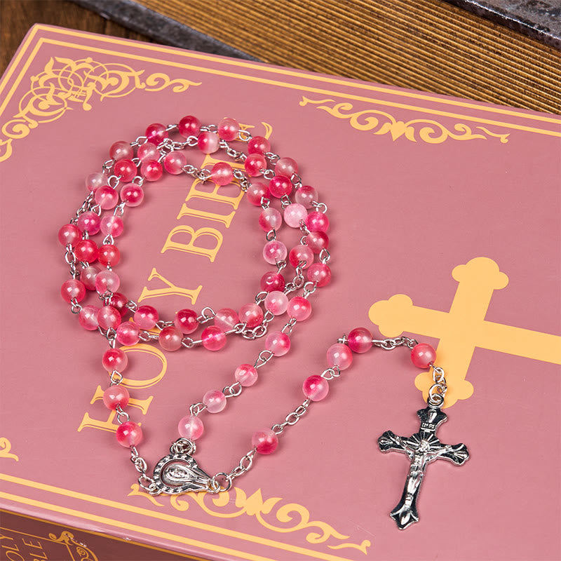 Christianartworkshop Rosenkranzkette Jungfrau Maria & Kruzifix aus 8 mm runder rosa Achatlegierung