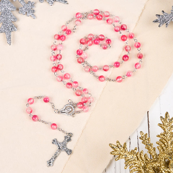 Christianartworkshop Rosenkranzkette Jungfrau Maria & Kruzifix aus 8 mm runder rosa Achatlegierung