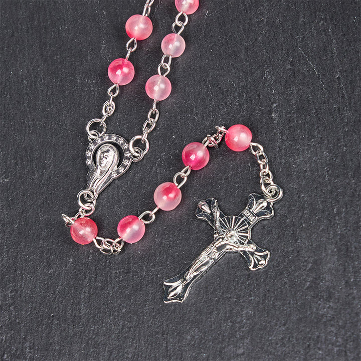 Christianartworkshop Rosenkranzkette Jungfrau Maria & Kruzifix aus 8 mm runder rosa Achatlegierung