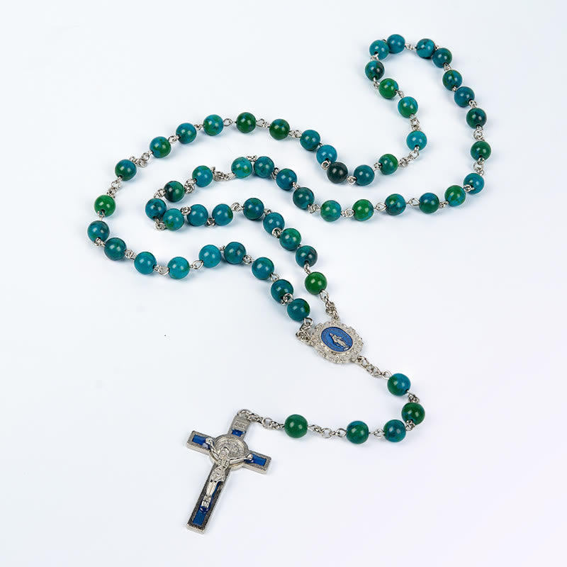 Christianartworkshop Wundertätige Medaille und Kruzifix aus 8 mm rundem grün-blauem Stein, Legierungskette, Rosenkranz