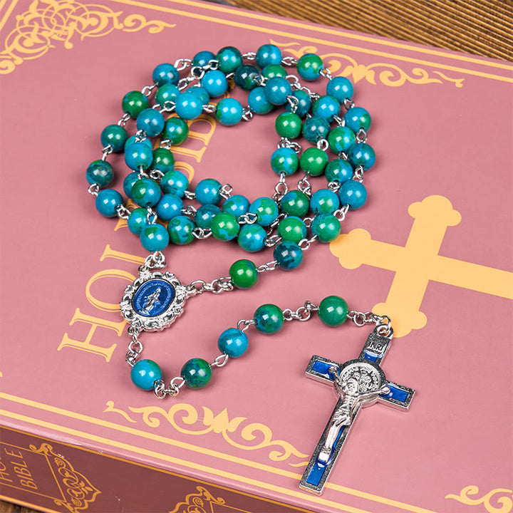 Christianartworkshop Wundertätige Medaille und Kruzifix aus 8 mm rundem grün-blauem Stein, Legierungskette, Rosenkranz