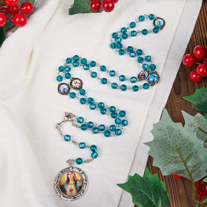 Christianartworkshop Rosenkranz mit Kette aus blauem Glas und Legierung, Heiliges Herz Jesu und Unbeflecktes Herz Mariens, 8 mm