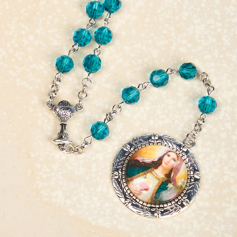 Christianartworkshop Rosenkranz mit Kette aus blauem Glas und Legierung, Heiliges Herz Jesu und Unbeflecktes Herz Mariens, 8 mm