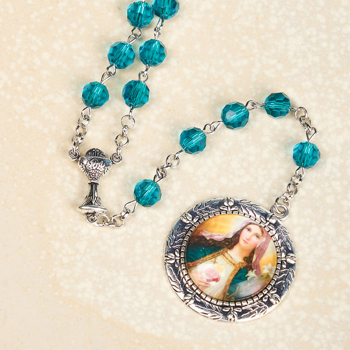 Christianartworkshop Rosenkranz mit Kette aus blauem Glas und Legierung, Heiliges Herz Jesu und Unbeflecktes Herz Mariens, 8 mm