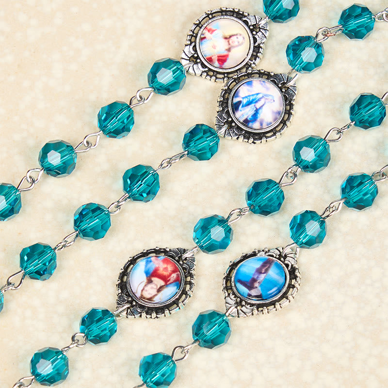 Christianartworkshop Rosenkranz mit Kette aus blauem Glas und Legierung, Heiliges Herz Jesu und Unbeflecktes Herz Mariens, 8 mm