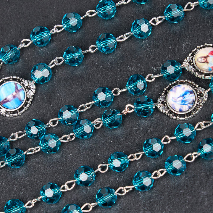Christianartworkshop Rosenkranz mit Kette aus blauem Glas und Legierung, Heiliges Herz Jesu und Unbeflecktes Herz Mariens, 8 mm