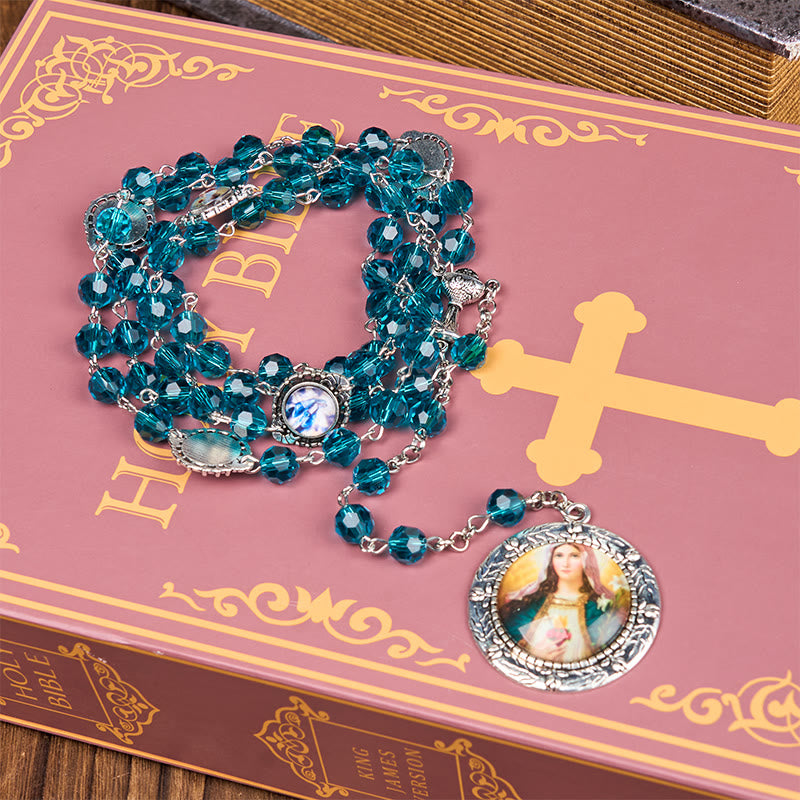Christianartworkshop Rosenkranz mit Kette aus blauem Glas und Legierung, Heiliges Herz Jesu und Unbeflecktes Herz Mariens, 8 mm
