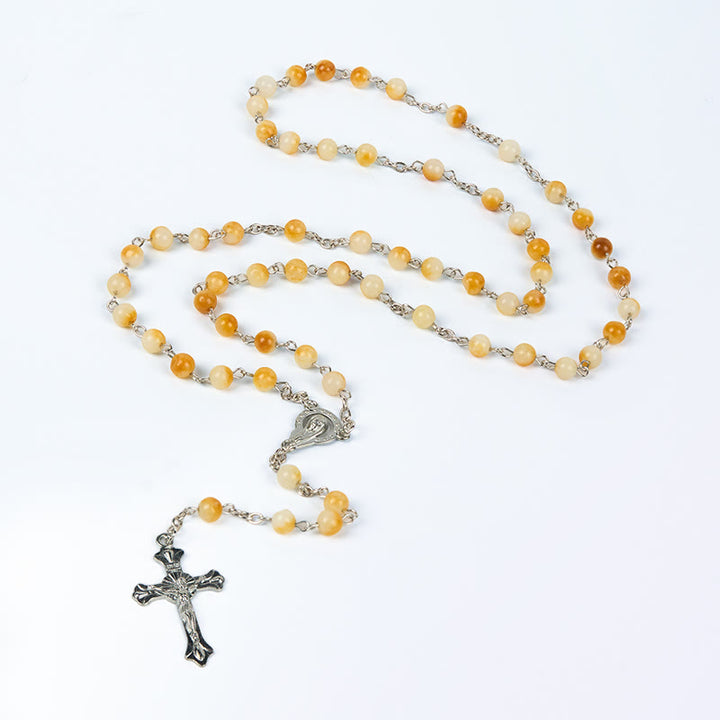 Christianartworkshop Rosenkranzkette Jungfrau Maria & Kruzifix aus 8 mm runder gelber Achatlegierung