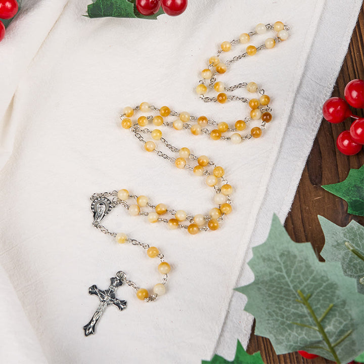 Christianartworkshop Rosenkranzkette Jungfrau Maria & Kruzifix aus 8 mm runder gelber Achatlegierung