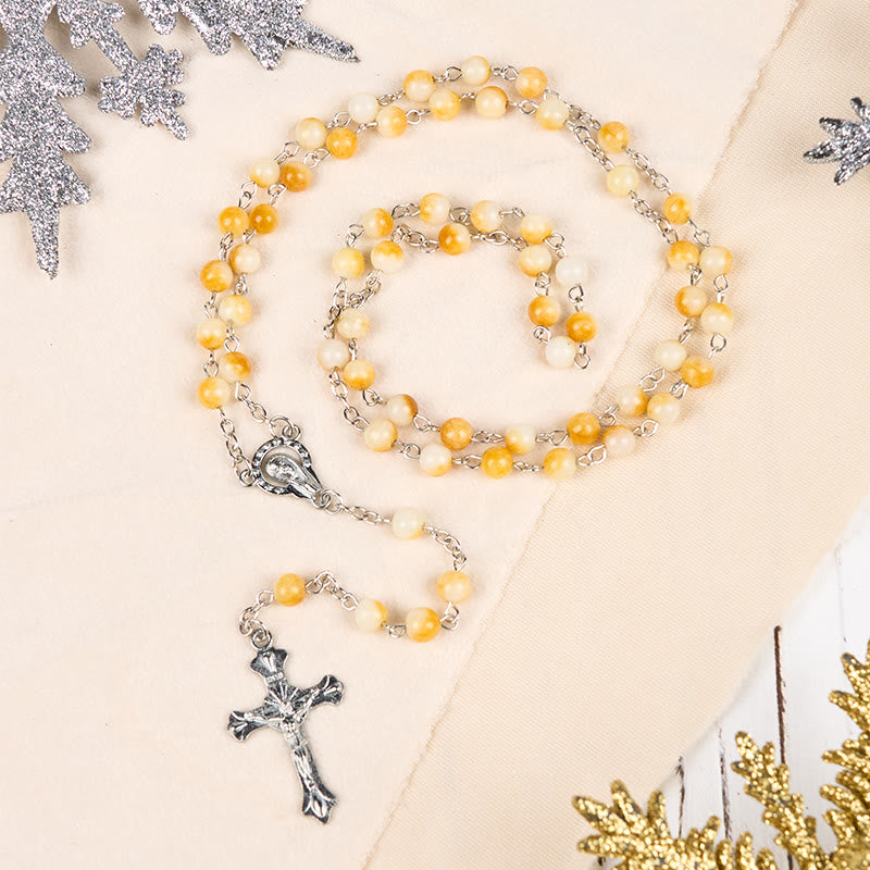Christianartworkshop Rosenkranzkette Jungfrau Maria & Kruzifix aus 8 mm runder gelber Achatlegierung