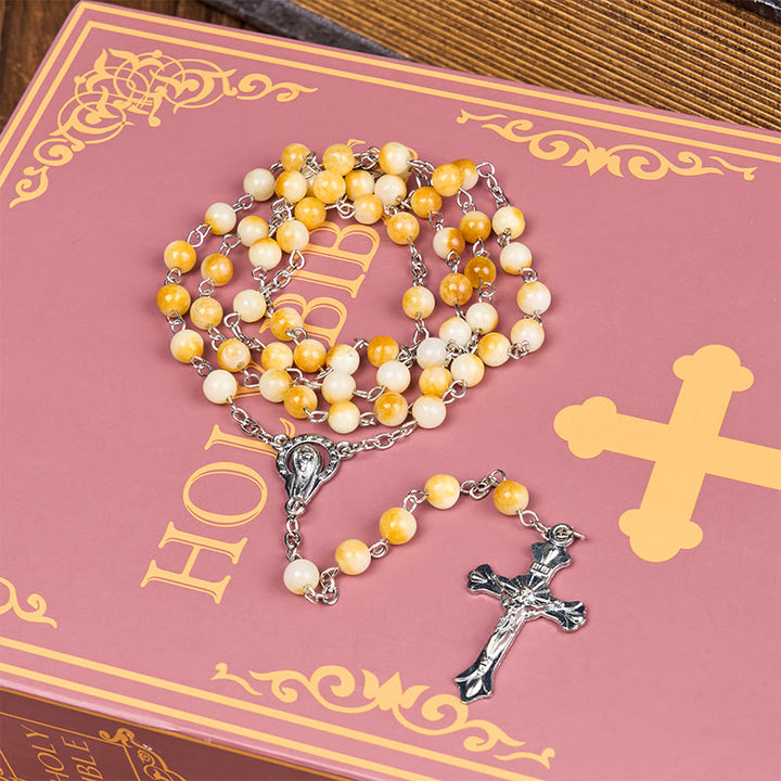 Christianartworkshop Rosenkranzkette Jungfrau Maria & Kruzifix aus 8 mm runder gelber Achatlegierung