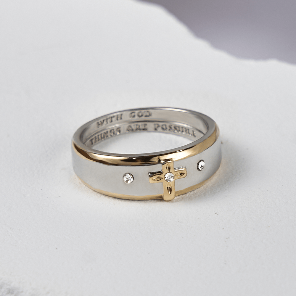 Christianartworkshop – Zweifarbiger Ring aus Goldlegierung im modernen Stil mit Kreuz (Hergestellt im Heiligen Land)