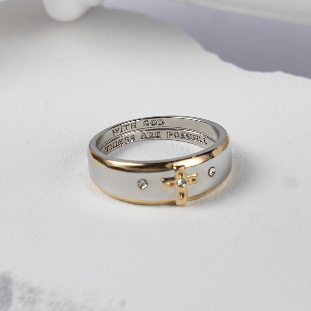 Christianartworkshop – Zweifarbiger Ring aus Goldlegierung im modernen Stil mit Kreuz (Hergestellt im Heiligen Land)