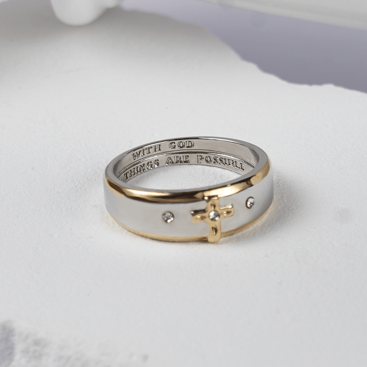 Christianartworkshop – Zweifarbiger Ring aus Goldlegierung im modernen Stil mit Kreuz (Hergestellt im Heiligen Land)