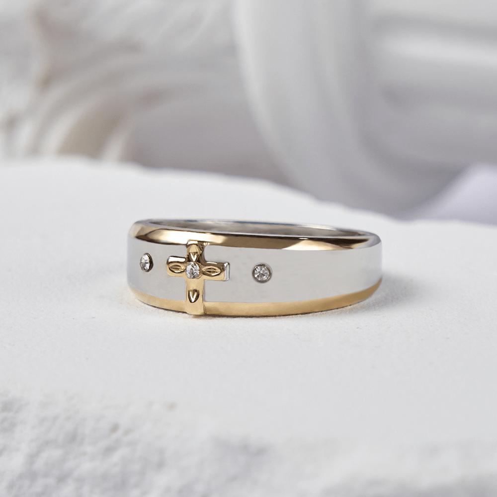 Christianartworkshop – Zweifarbiger Ring aus Goldlegierung im modernen Stil mit Kreuz (Hergestellt im Heiligen Land)